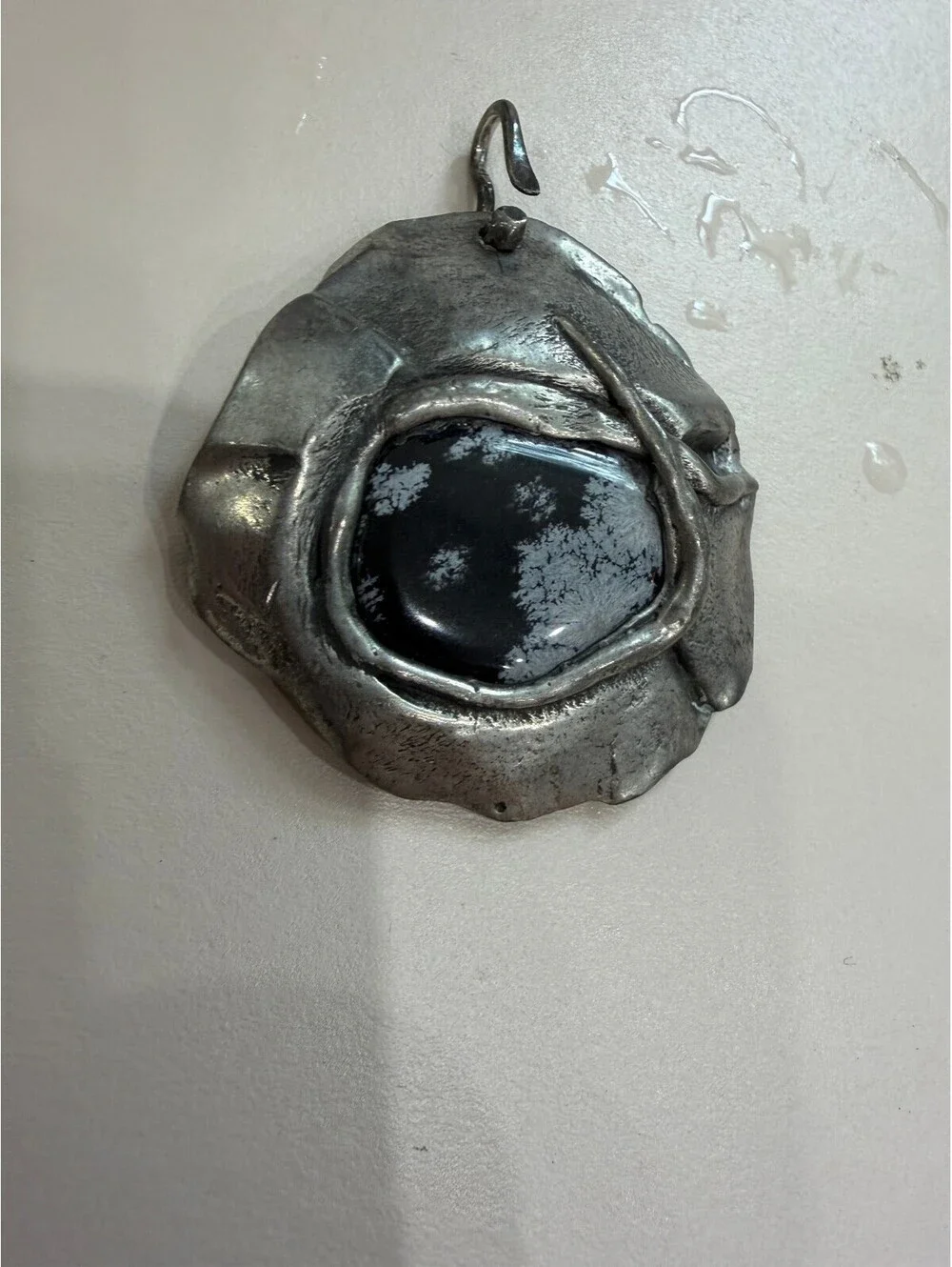 Handcrafted Silver Toned Pendant with Black Stone Center